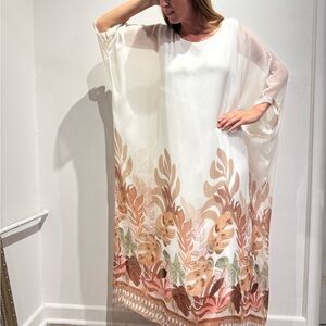 Elegant Sheer White and Floral Silk Kaftan